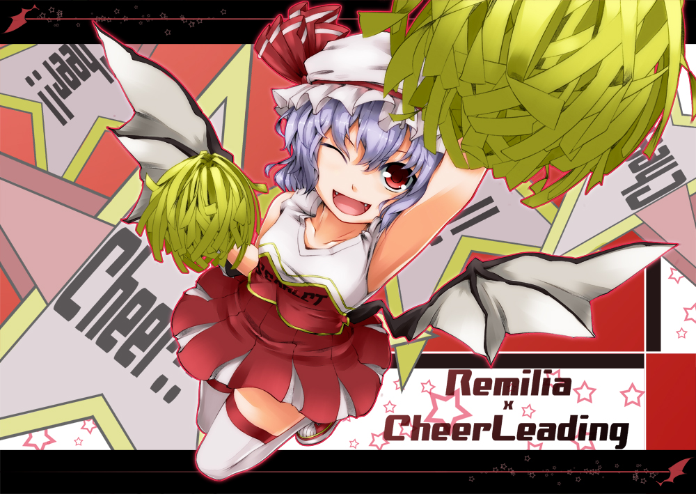 arm_up armpits bat_wings blue_hair character_name cheerleader fangs hat hullzion open_mouth pom_poms red_eyes remilia_scarlet shirt short_hair skirt skirt_set smile solo thigh-highs thighhighs touhou white_legwear wings wink zettai_ryouiki