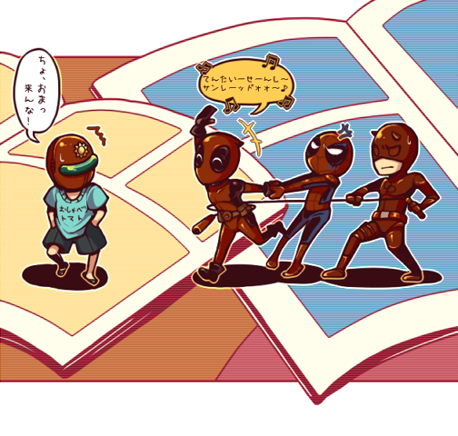 angry belt bodysuit comic_book crossover daredevil deadpool escape gloves grab happy male marvel mask multiple_boys musical_note running spider-man sunred sweatdrop tentai_senshi_sunred text translation_request