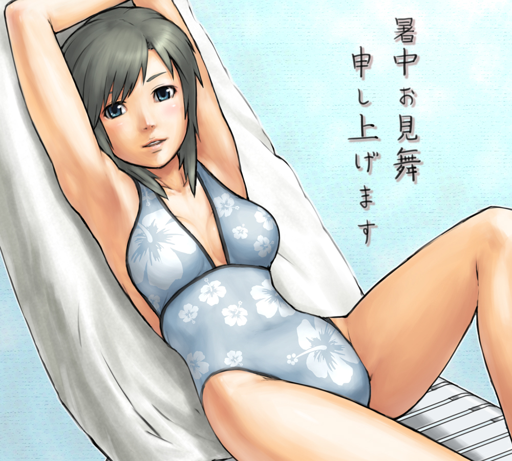 armpits arms_up black_hair blue_eyes blush breasts casual_one-piece_swimsuit cleavage female floral_print grey_hair lying on_back one-piece_swimsuit open_mouth original short_hair solo swimsuit yoshikawa_hazure
