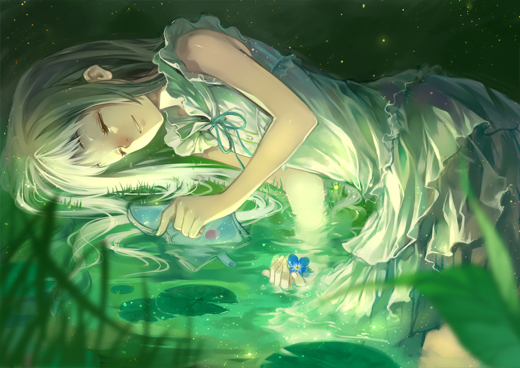 blurry book closed_eyes depth_of_field dress eyes_closed face flower frills glowing grass honma_meiko lily_pad long_hair lying on_side silver_hair silverwing sleeveless sleeveless_dress smile solo tears water
