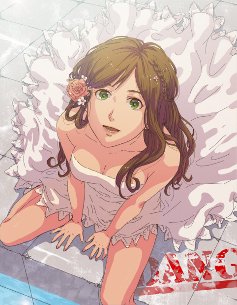 axis_powers_hetalia bare_shoulders between_legs braid breasts brown_hair cleavage down_blouse dress flower from_above green_eyes hair_flower hair_ornament hand_between_legs hungary_(hetalia) ishizaki_miwako lipstick long_hair looking_up makeup open_mouth pool poolside sitting solo strapless_dress water white_dress
