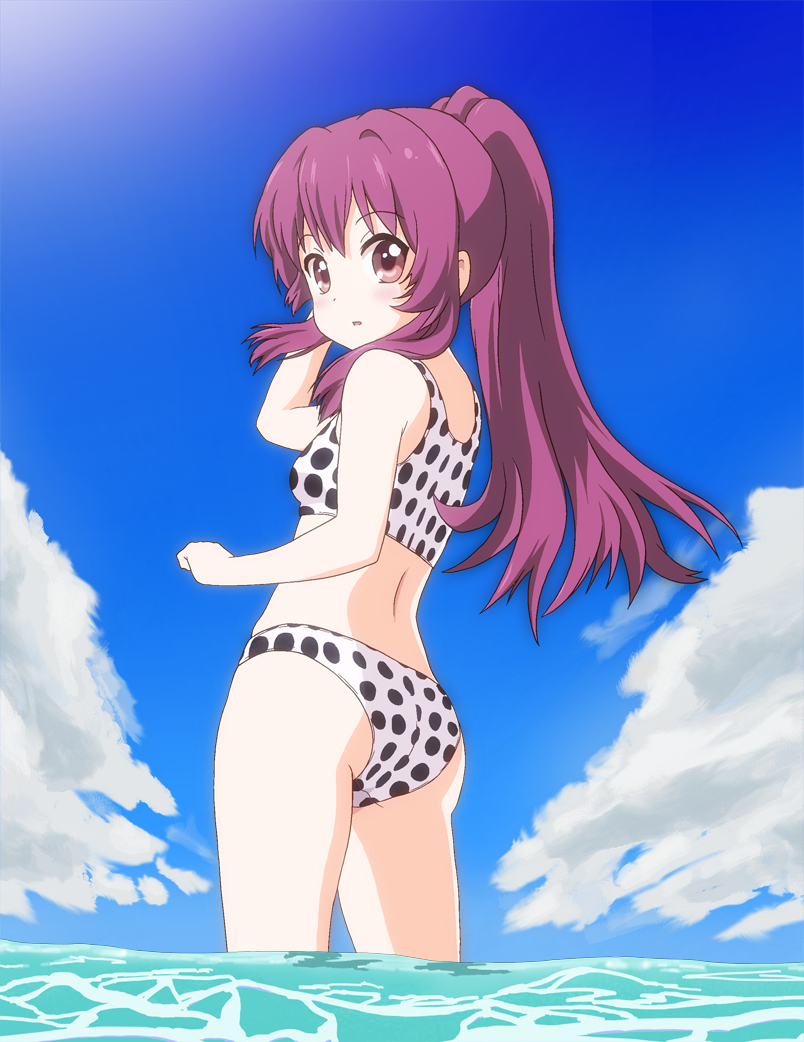 1girl cloud long_hair looking_back nnaoki partially_submerged polka_dot polka_dot_bikini polka_dot_swimsuit ponytail purple_eyes purple_hair sky soaking_feet solo sugiura_ayano swimsuit violet_eyes water yuru_yuri