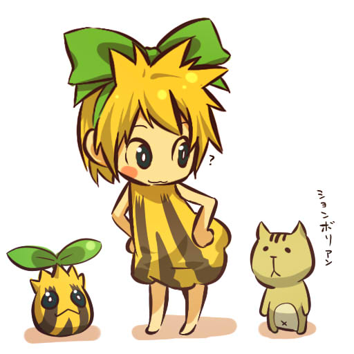 1girl ? bent_over blonde_hair blue_eyes blush_stickers bow cat character_request child cosplay feline female hair hair_bow hair_ribbon hands_on_hips hitec human looking_back moemon personification pokemon pokemon_(creature) pokemon_(game) pokemon_gsc ribbon short_hair sunkern translation_request yellow_hair