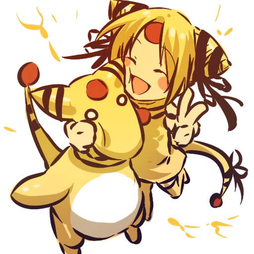 1girl ampharos blonde_hair blush_stickers cheek_press closed_eyes cosplay dress electricity eyes_closed female hair hitec human moemon o_o open_mouth personification pokemon pokemon_(creature) pokemon_(game) pokemon_gsc short_hair tail tail_bow thigh-highs thighhighs v yellow_hair