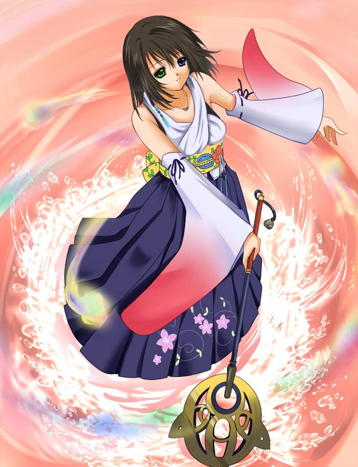 brown_hair detached_sleeves dissidia_012_final_fantasy dissidia_final_fantasy final_fantasy final_fantasy_x flower green_eyes hakama heterochromia japanese_clothes jewelry merushi~ miko necklace short_hair smile solo wand water yuna