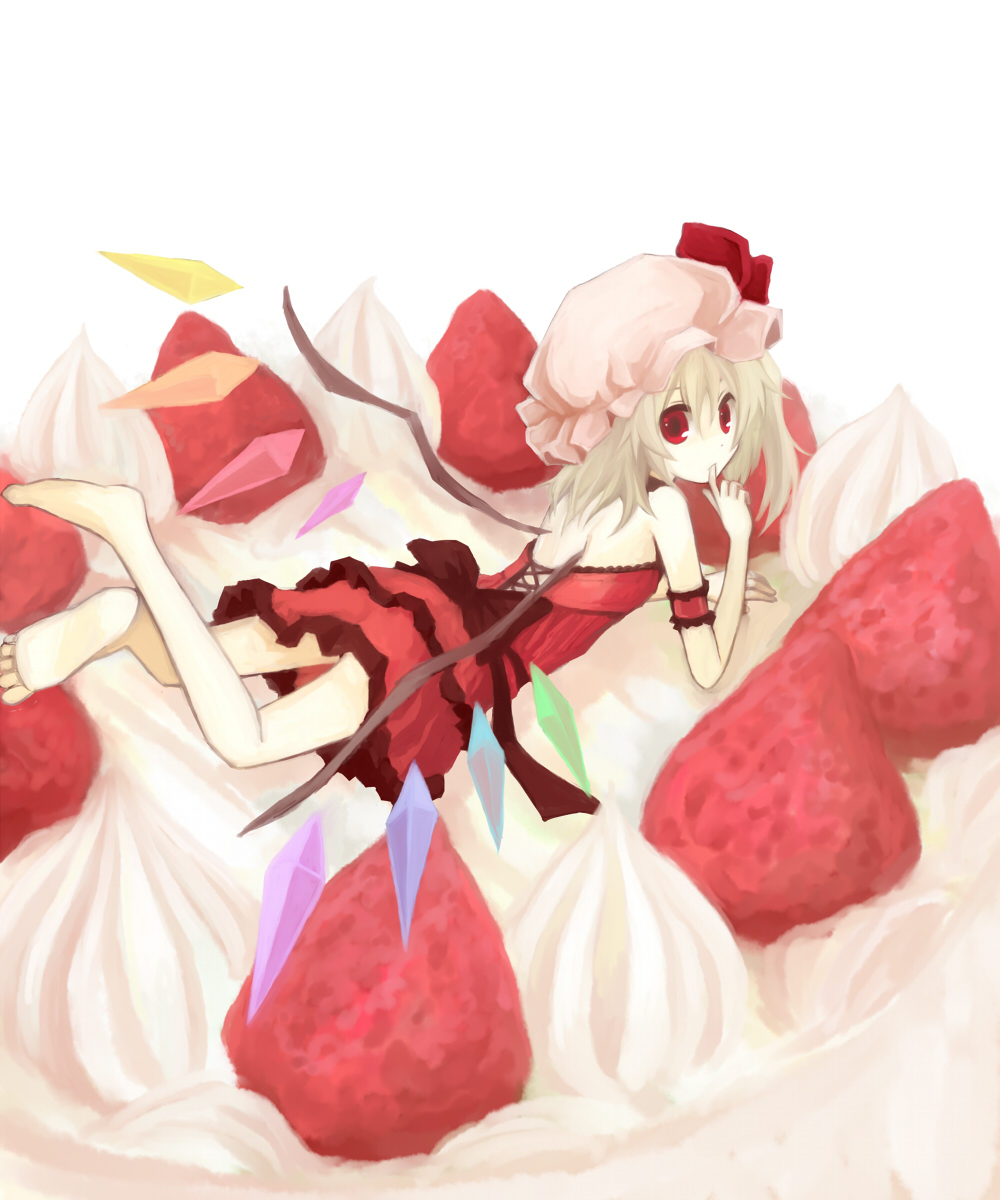 armband bare_shoulders barefoot bat_wings blonde_hair cake dress feet finger_to_mouth flandre_scarlet food fruit hat highres lying lying_on_stomach mugi_(banban53) on_stomach red_eyes short_hair side_ponytail solo strawberry strawberry_shortcake the_embodiment_of_scarlet_devil touhou wings