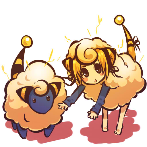 1girl bent_over blonde_hair bow brown_eyes cosplay electricity female hitec human mareep moemon personification pokemon pokemon_(creature) pokemon_(game) pokemon_gsc sheep tail tail_bow