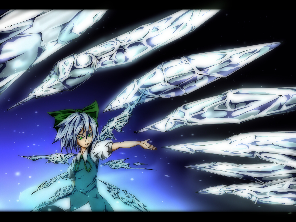 blue_dress blue_hair bow cirno dress error glowing glowing_eyes green_eyes hair_bow ice icicle letterboxed neck_ribbon outstretched_arm potato_pot ribbon short_hair solo touhou wings