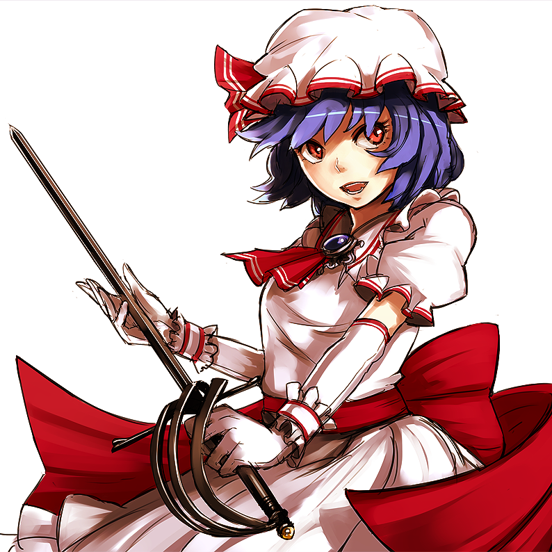 ascot bow brooch elbow_gloves gloves hat jewelry nosuku purple_hair rapier red_eyes remilia_scarlet ribbon short_hair solo sword touhou weapon white_gloves wrist_cuffs