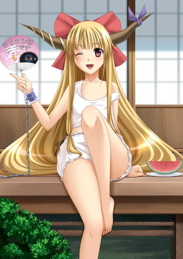 bare_legs bare_shoulders barefoot bloomers bow brown_hair camisole chain chains chiro cuffs fan fang feet food fruit hair_bow horns ibuki_suika kono_lolicon_domome long_hair off_shoulder open_mouth orange_hair paper_fan porch red_eyes sitting smile solo touhou translated uchiwa underwear underwear_only veranda very_long_hair water watermelon wink wrist_cuffs