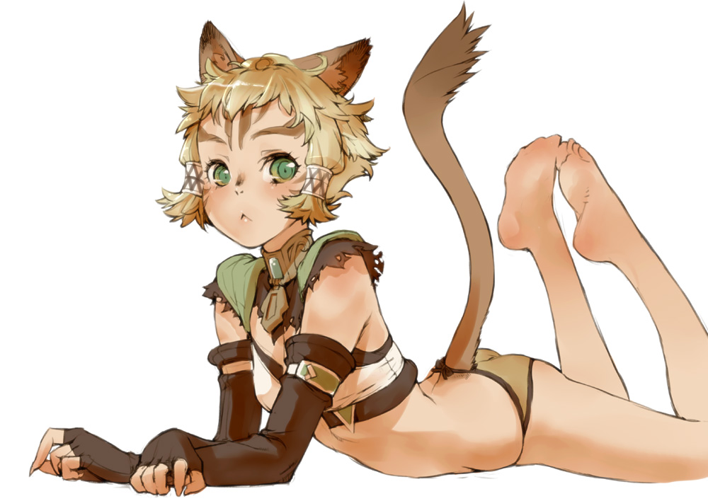 animal_ears ass barefoot blonde_hair branch_(blackrabbits) cat_ears crop_top elbow_gloves face facial_mark feet final_fantasy final_fantasy_xi fingerless_gloves gloves green_eyes hands legs_up lying messy_hair mithra on_stomach panties short_hair solo tail underwear