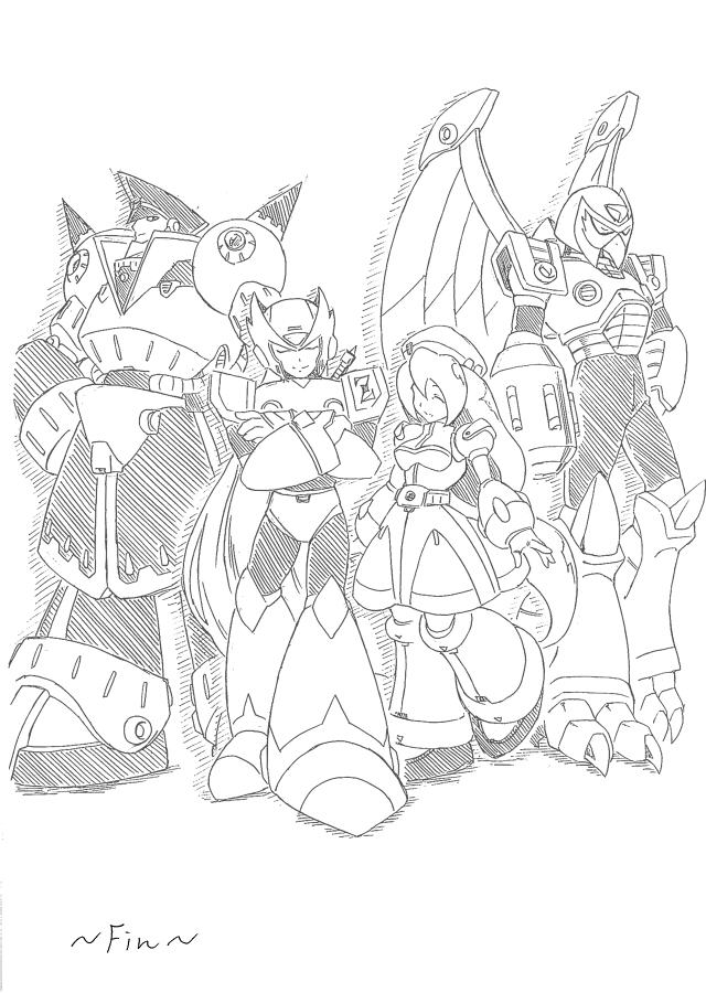 arm_cannon capcom closed_eyes colonel comic crossed_arms eyes_closed hand_on_hip helmet hips iris long_hair monochrome open_mouth rockman rockman_x rockman_x4 sheath sheathed shouji_2 smile spoilers standing standing_on_one_leg storm_eagle very_long_hair weapon wings zero_(rockman)