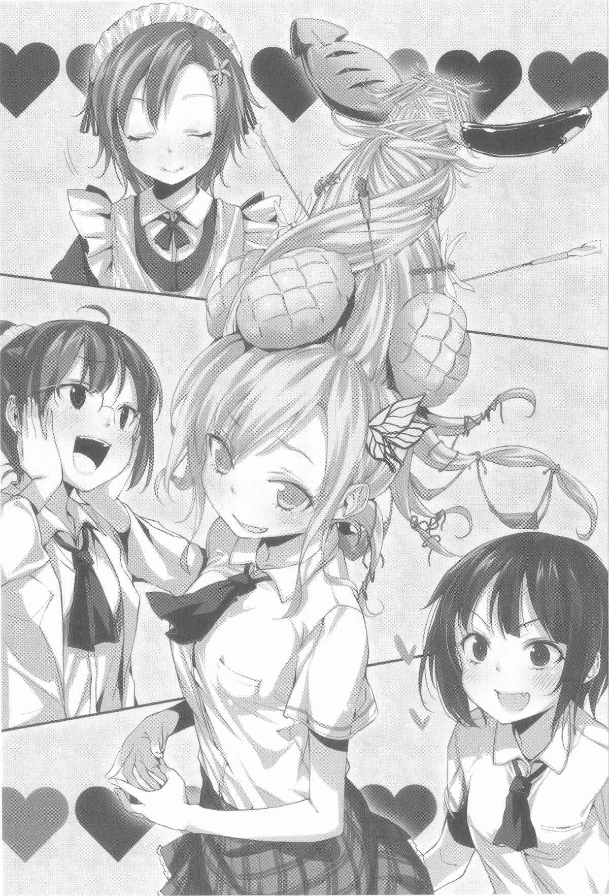 :d boku_wa_tomodachi_ga_sukunai buriki butterfly butterfly_hair_ornament closed_eyes fang glasses hair_ornament highres kashiwazaki_sena kusunoki_yukimura labcoat long_hair maid mikazuki_yozora monochrome multiple_girls official_art open_mouth ponytail school_uniform shiguma_rika short_hair smile what