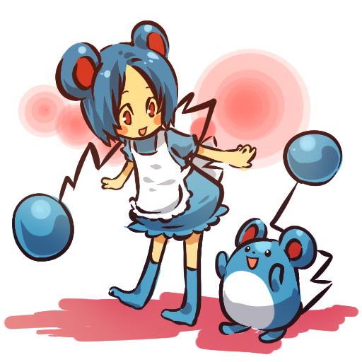 1girl apron blue_hair blush_stickers cosplay female footwear hair hitec human marill moemon mouse_ears open_mouth personification pokemon pokemon_(creature) pokemon_(game) pokemon_gsc red_eyes short_hair smile socks tail