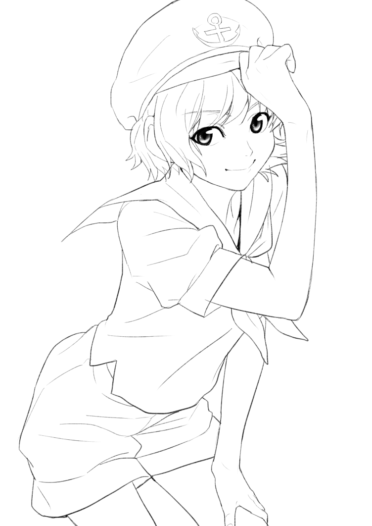 face hand_on_hat hand_on_thigh hands hat hat_tip leaning_forward lineart monochrome murasa_minamitsu sailor sailor_hat shiba_itsuki short_hair shorts simple_background smile solo touhou white_background