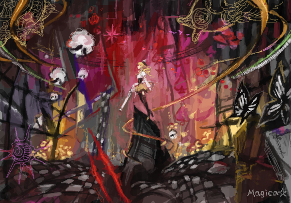 beret blonde_hair boots brown_legwear butterfly detached_sleeves drawr drill_hair gun hair_ornament hat magical_musket mahou_shoujo_madoka_magica pleated_skirt puffy_sleeves rifle skirt standing thighhighs tomoe_mami twin_drills watermark weapon witch's_labyrinth witch's_labyrinth zettai_ryouiki