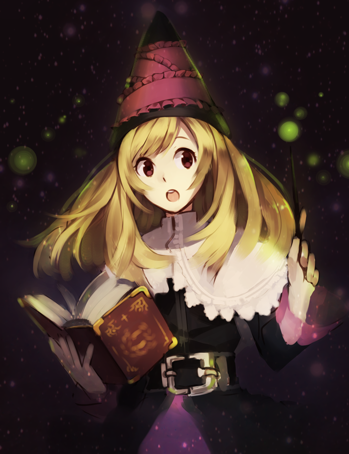 1girl :o blonde_hair book capelet dress grimgrimoire hat lillet_blan long_hair red_eyes solo star_(sky) wand weee_(raemz) wizard_hat