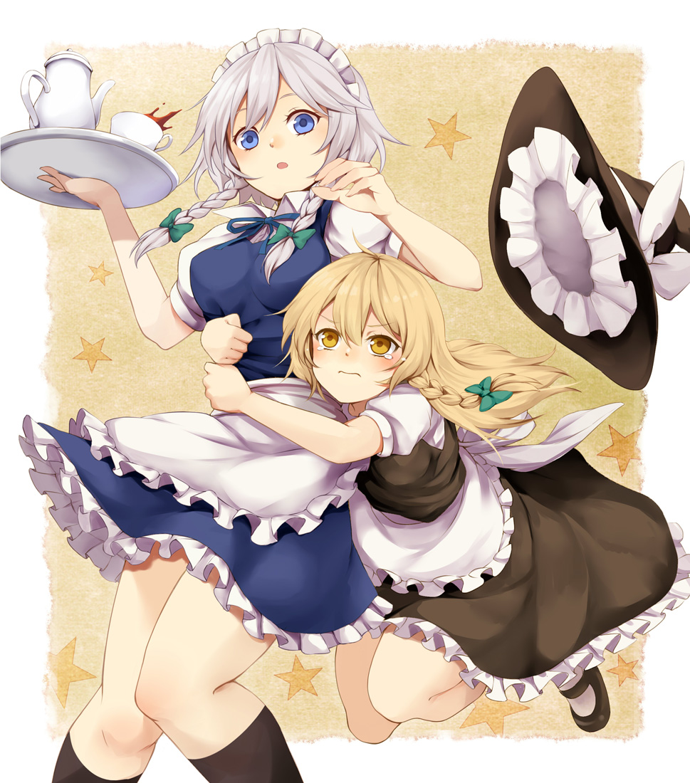 3: :o bad_id blonde_hair blue_eyes braid cup glomp hat hat_removed headwear_removed hug hug_from_behind izayoi_sakuya kirisame_marisa long_hair maid maid_headdress mary_janes multiple_girls shoes short_hair side_braid silver_hair spill star tackling teacup teapot tears touhou tray tsuchifumazu twin_braids white_hair witch witch_hat yellow_eyes