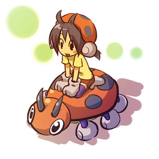 1girl ahoge antenna_hair black_hair blush_stickers cosplay female gloves hair hat hitec human kneeling ledyba long_hair moemon open_mouth personification pokemon pokemon_(creature) pokemon_(game) pokemon_gsc riding shirt thigh-highs thighhighs zettai_ryouiki