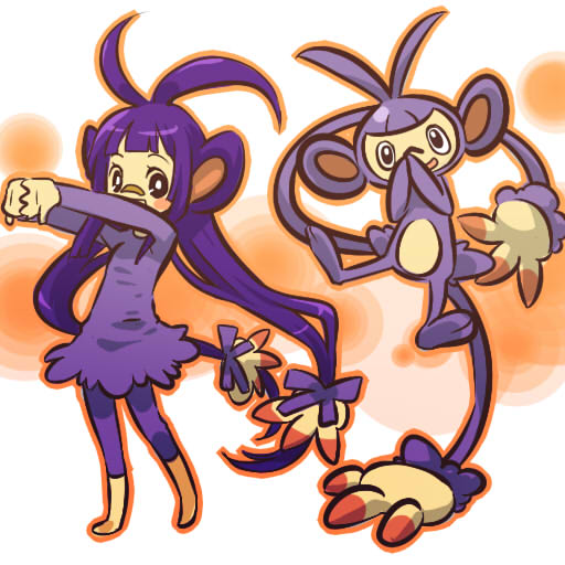 1girl ambipom animal_ears antenna_hair bandage_on_nose bandaid_on_nose barefoot blush_stickers cosplay covering covering_face covering_mouth cracking_knuckles dress female hair hitec human long_hair moemon multiple_tails personification pokemon pokemon_(creature) pokemon_(game) pokemon_dppt purple_eyes purple_hair tail twintails very_long_hair