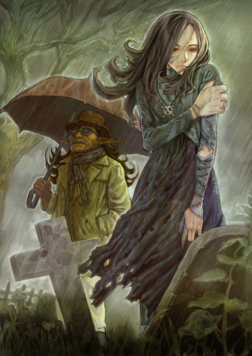 cemetery demon graveyard long_hair ogata_18 original rain red_eyes stitches tombstone torn_clothes umbrella