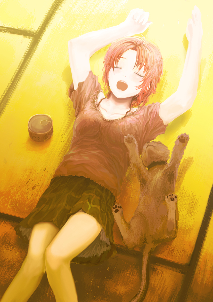 can cat cat_food closed_eyes kamemushi_(hoozuki) lying on_back original red_hair redhead short_hair skirt solo