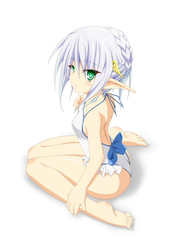 elf green_eyes kneeling looking_back micchan one-piece_swimsuit pixiv_fantasia pixiv_fantasia_4 pointy_ears simple_background swimsuit white_hair