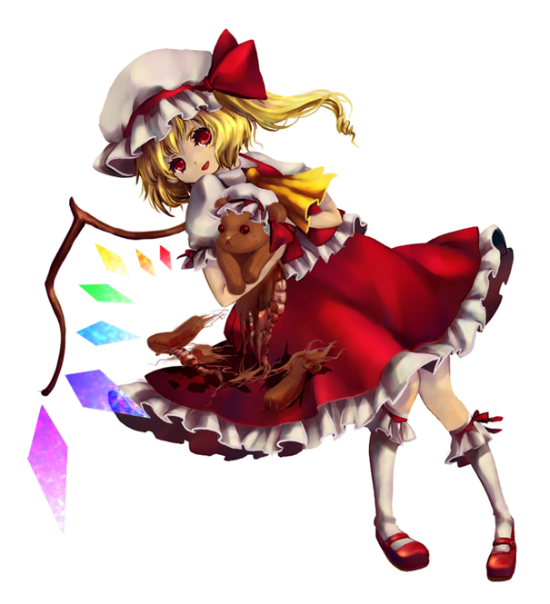 bad_id blonde_hair flandre_scarlet hat ponytail red_eyes short_hair side_ponytail solo touhou wings