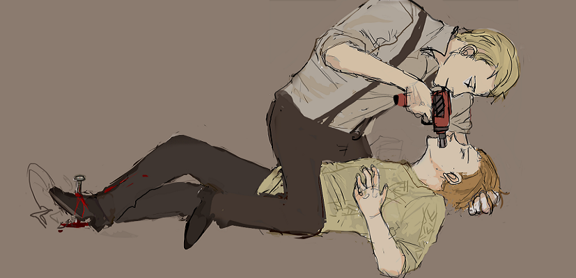 2boys bioshock blond blood drill hair_grab injury male nail simple_background straddle suspenders