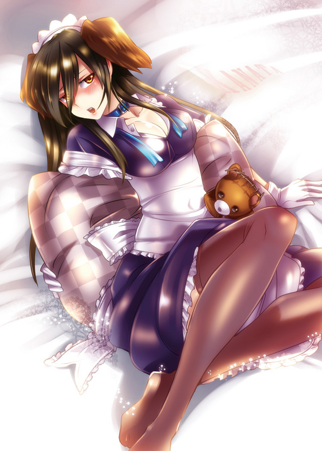 bad_id blush breasts brown_eyes brown_hair brown_legwear caffein checkered choker cleavage dog_ears fifteen_hounds gloves maid pillow thighhighs