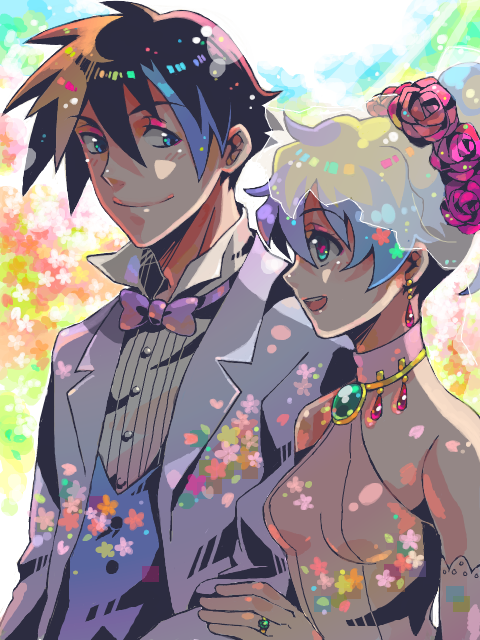 1girl bridal_veil bride colorful couple dress hair_up jewelry kome_(kokomoti) nia_teppelin simon smile tegaki tengen_toppa_gurren_lagann tuxedo veil wedding wedding_dress