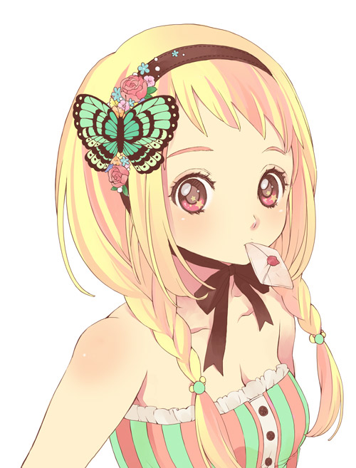 blonde_hair braid breasts butterfly cleavage flower frills hairband katou_sami letter long_hair love_letter mouth_hold original portrait red_eyes ribbon rose sleeveless solo star twin_braids