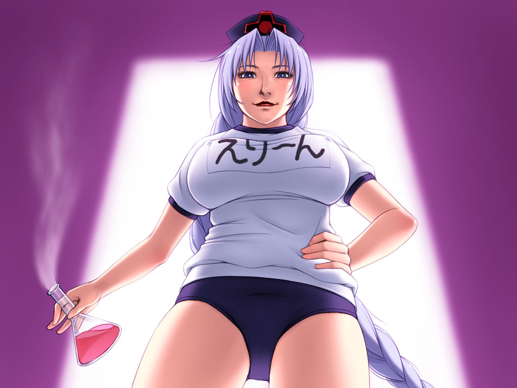 character_name flask from_below gym_uniform large_breasts lips long_hair silver_hair solo touhou tripleeight yagokoro_eirin