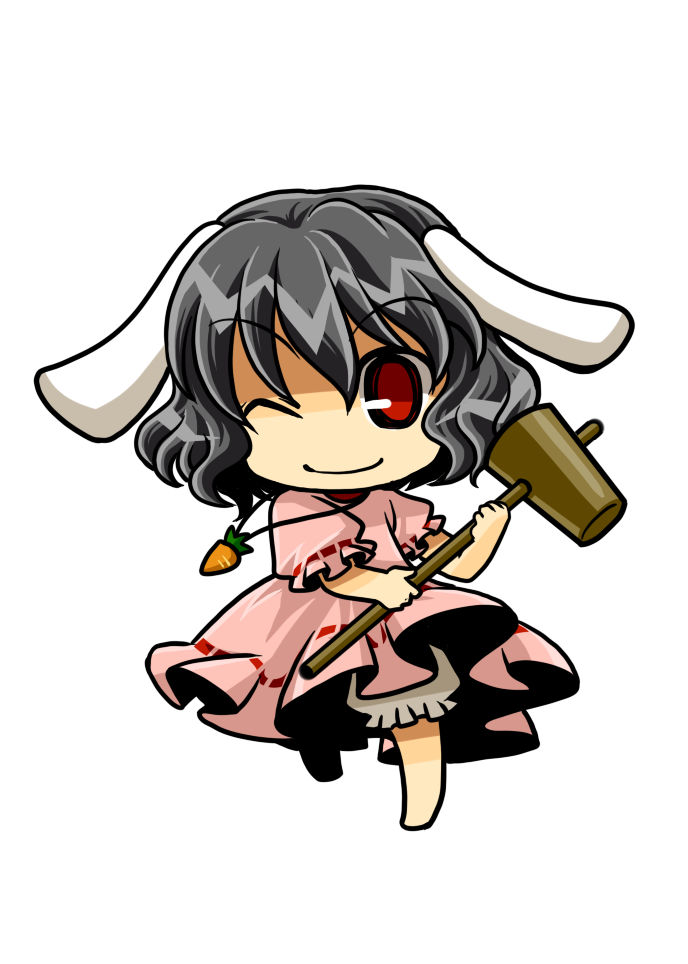 black_hair bloomers bunny_ears carrot chibi hammer inaba_tewi mallet rabbit_ears red_eyes simple_background socha solo touhou transparent_background wink
