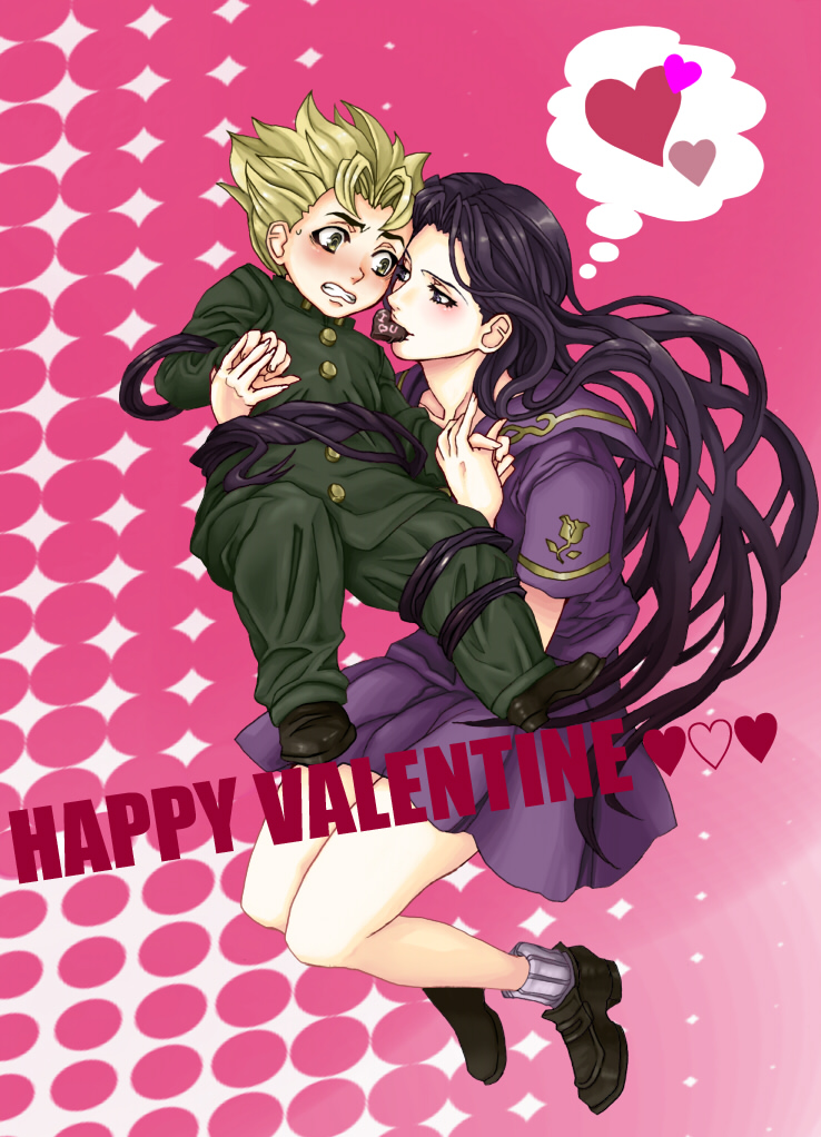 1girl berry-a black_hair blonde_hair blush chocolate couple gakuran green_eyes heart hirose_koichi hirose_kouichi jojo_no_kimyou_na_bouken long_hair prehensile_hair purple_eyes school_uniform serafuku shoes socks sweatdrop valentine violet_eyes yamagishi_yukako