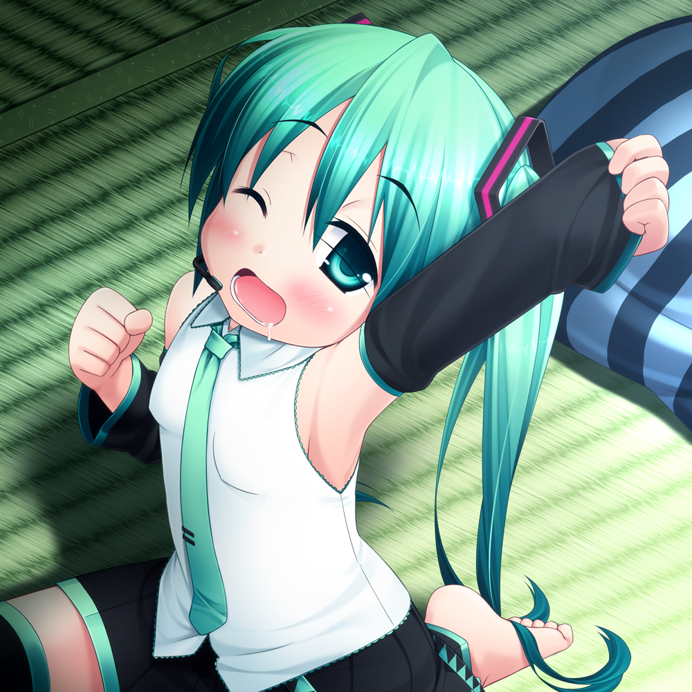 aqua_eyes aqua_hair arm_up armpits barefoot black_legwear blush chibi_miku child clenched_hands detached_sleeves feet flat_chest hatsune_miku head_tilt headphones headset inuarashi loli long_hair necktie open_mouth pillow raised_fist saliva sitting skirt sleeveless_shirt solo stretch striped thigh-highs thighhighs twintails very_long_hair vocaloid wink yawning young zettai_ryouiki