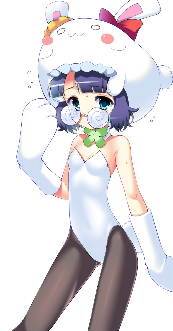 @_@ aida_takanobu animal_ears animal_hat anyamal_tantei_kirumin_zoo bad_id bangs bare_shoulders black_legwear blue_eyes blue_hair blunt_bangs blush blush_stickers bow bunny bunny_ears bunny_tail bunnysuit choker clover coke-bottle_glasses embarrassed flat_chest four-leaf_clover glasses hat leotard looking_at_viewer mikogami_rimu o_o open_mouth pantyhose parted_bangs paws pince-nez rabbit_ears ribbon scrunchie short_hair simple_background solo standing sweat sweatdrop tail