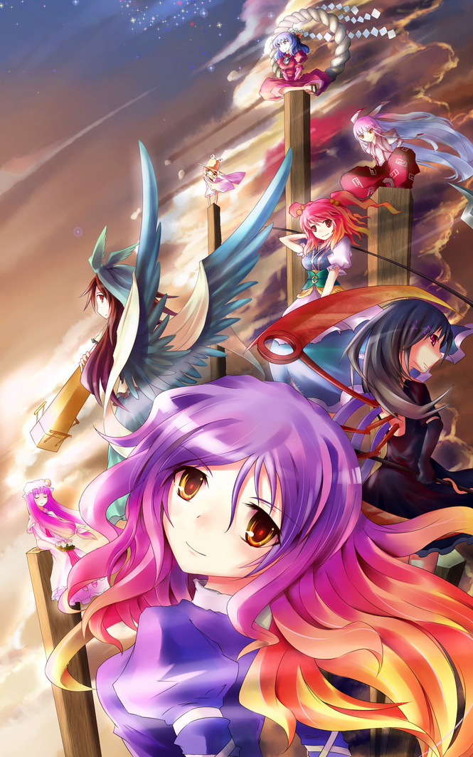 bow brown_hair dress fujiwara_no_mokou gradient_hair hair_bow hair_ribbon hat hijiri_byakuren houjuu_nue long_hair moriya_suwako multicolored_hair onbashira onozuka_komachi patchouli_knowledge purple_hair red_eyes red_hair reiuji_utsuho ribbon scythe sharp_(renweixia) short_hair silver_hair touhou twintails wings yasaka_kanako yellow_eyes