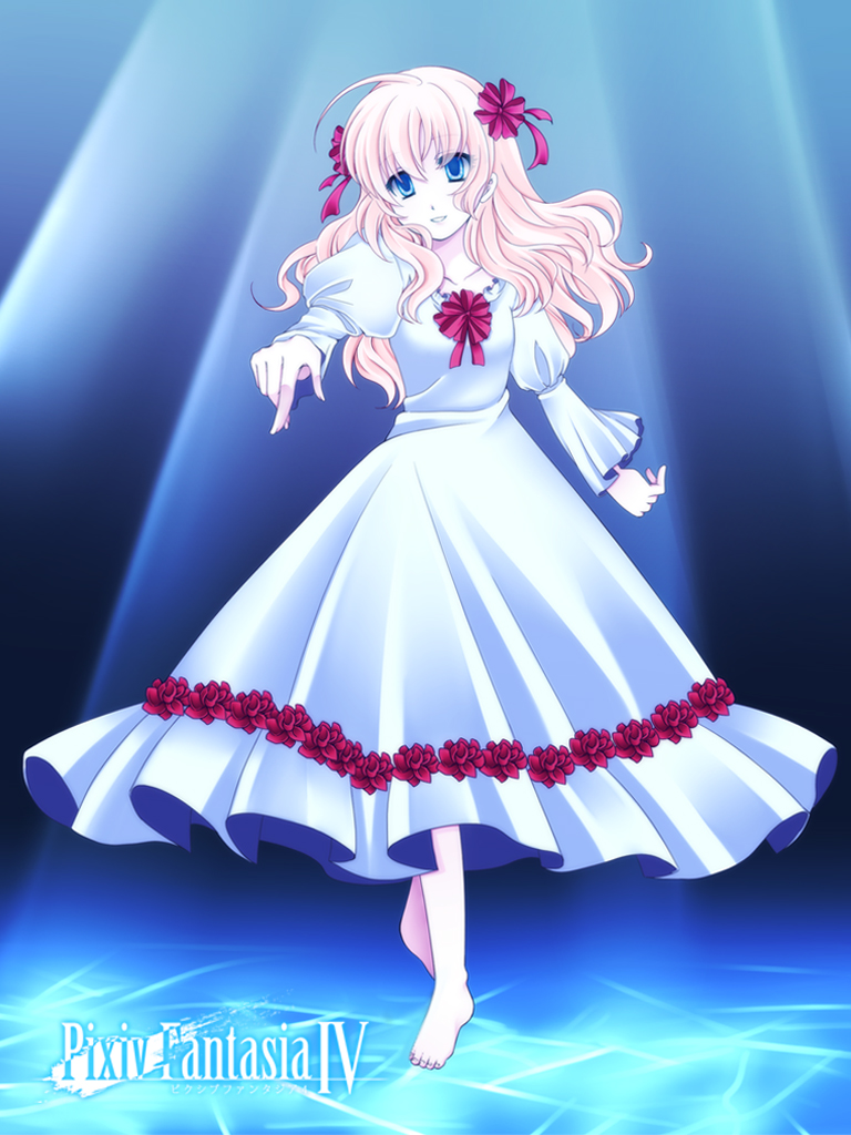 barefoot blonde_hair blue_eyes dress flower hair_ribbon long_hair original pixiv pixiv_fantasia pixiv_fantasia_4 ribbon yu_song