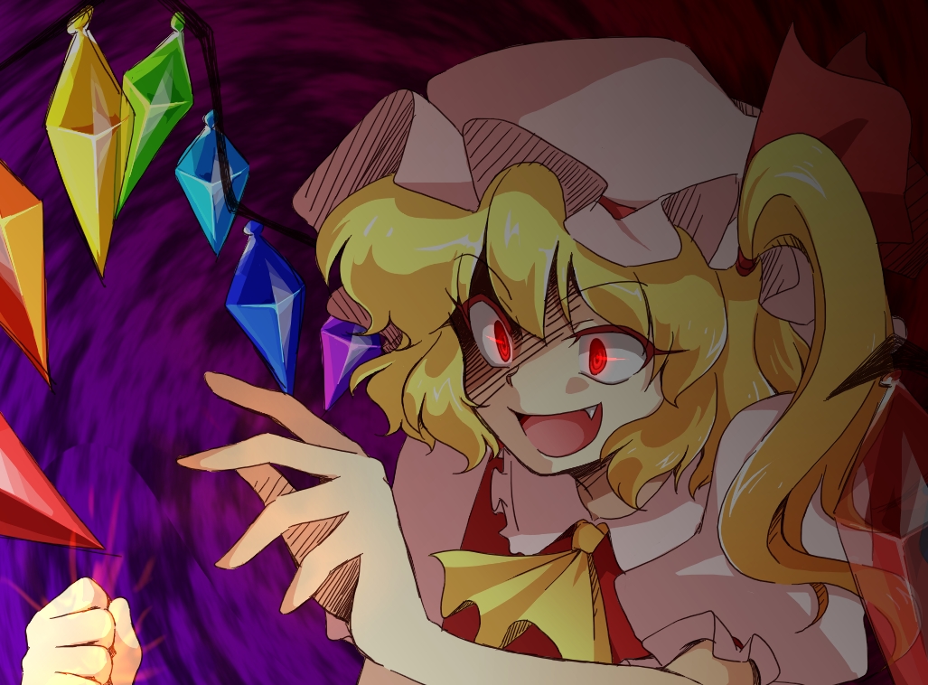 blonde_hair clenched_hand crazy fang flandre_scarlet glowing glowing_eyes hanjuku_tomato hat red_eyes touhou wings
