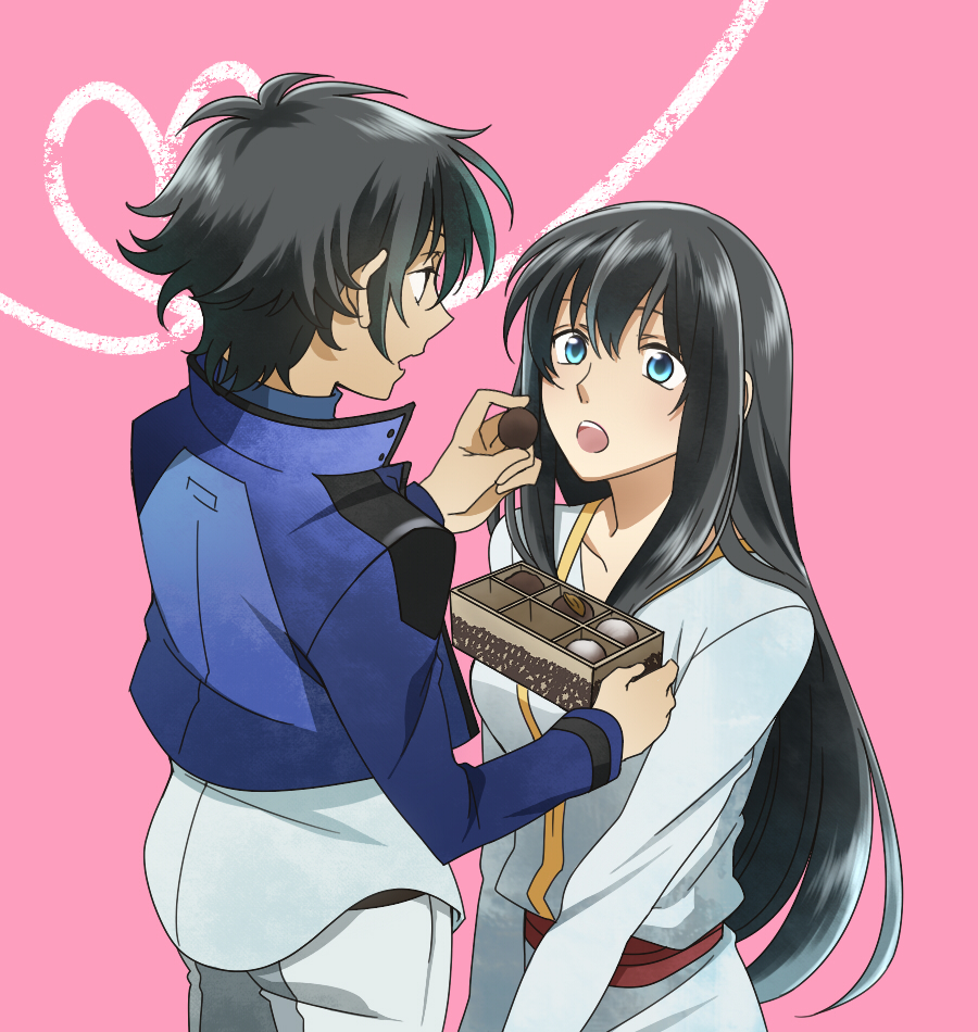 1girl bad_id black_hair blue_eyes chocolate couple feeding gundam gundam_00 heart jacket kazu_sanbon long_hair marina_ismail open_mouth setsuna_f_seiei