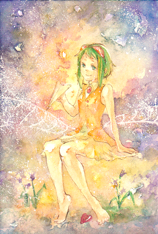 barefoot campanella_(vocaloid) campanula-star flower goggles goggles_on_head green_eyes green_hair gumi heart paper_airplane sitting smile vocaloid