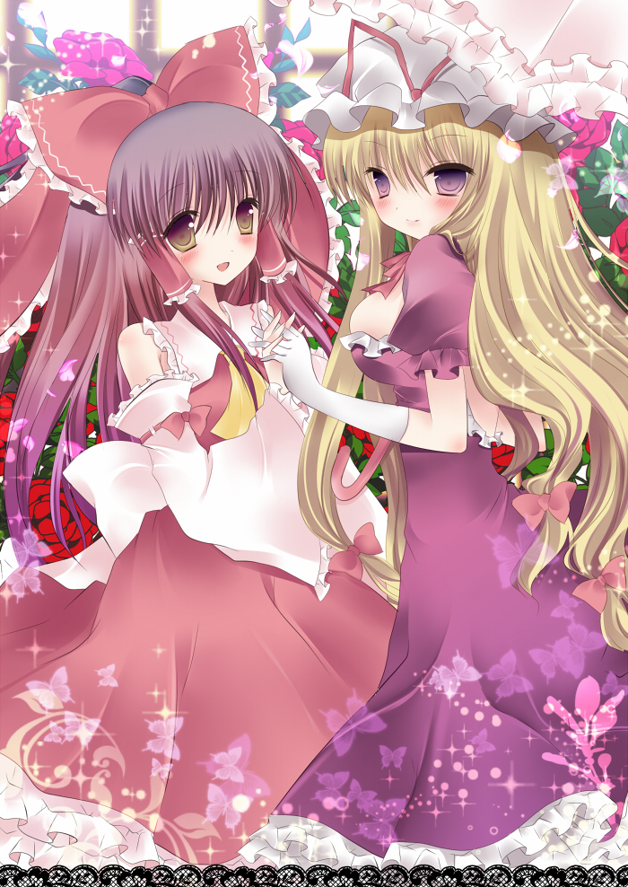 2girls blonde_hair blush brown_eyes brown_hair butterfly detached_sleeves dress elbow_gloves flower frills glitter gloves hair_ribbon hakurei_reimu hat hat_ribbon holding_hands long_hair multiple_girls niki_(pixiv) open_mouth parasol purple_eyes ribbon rose short_sleeves smile touhou umbrella violet_eyes window yakumo_yukari