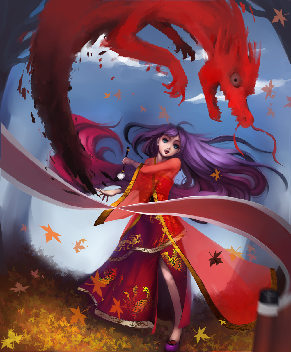 dragon highres leaf long_hair maple_leaf mole original paintbrush purple_hair solo vinci wind