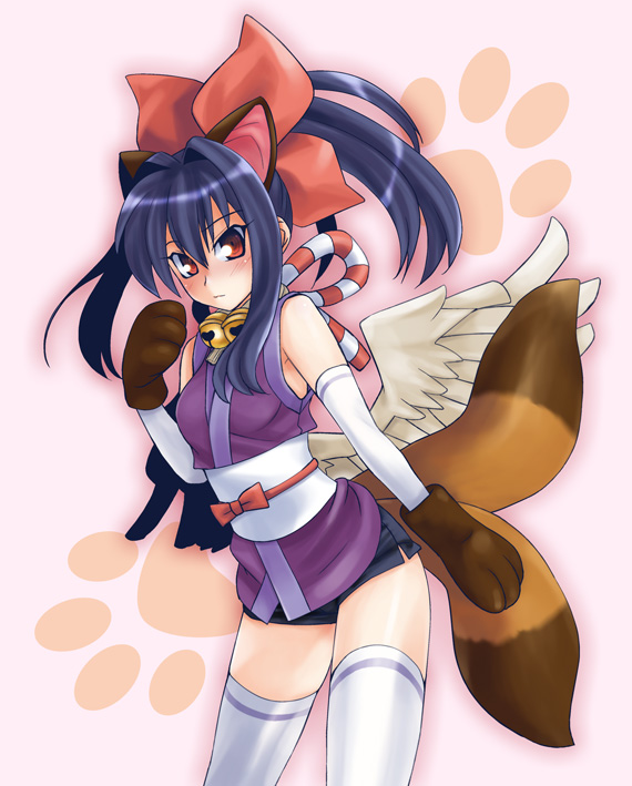 bell blue_hair elbow_gloves gloves hair_ribbon hikabe_sakuho long_hair multiple_tails obi ponytail red_eyes ribbon shinrabansho shinrabanshou shorts tail thigh-highs thighhighs wings yuuyami_no_mikazuki zettai_ryouiki