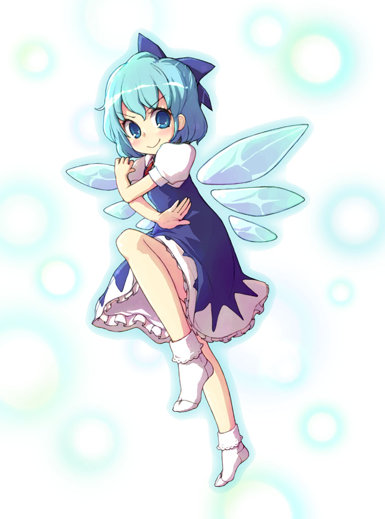 &gt;:) blue_eyes blue_hair bobby_socks bow cirno feet fighting_stance hair_bow hands ice kimarin short_hair smile socks touhou white_legwear wings