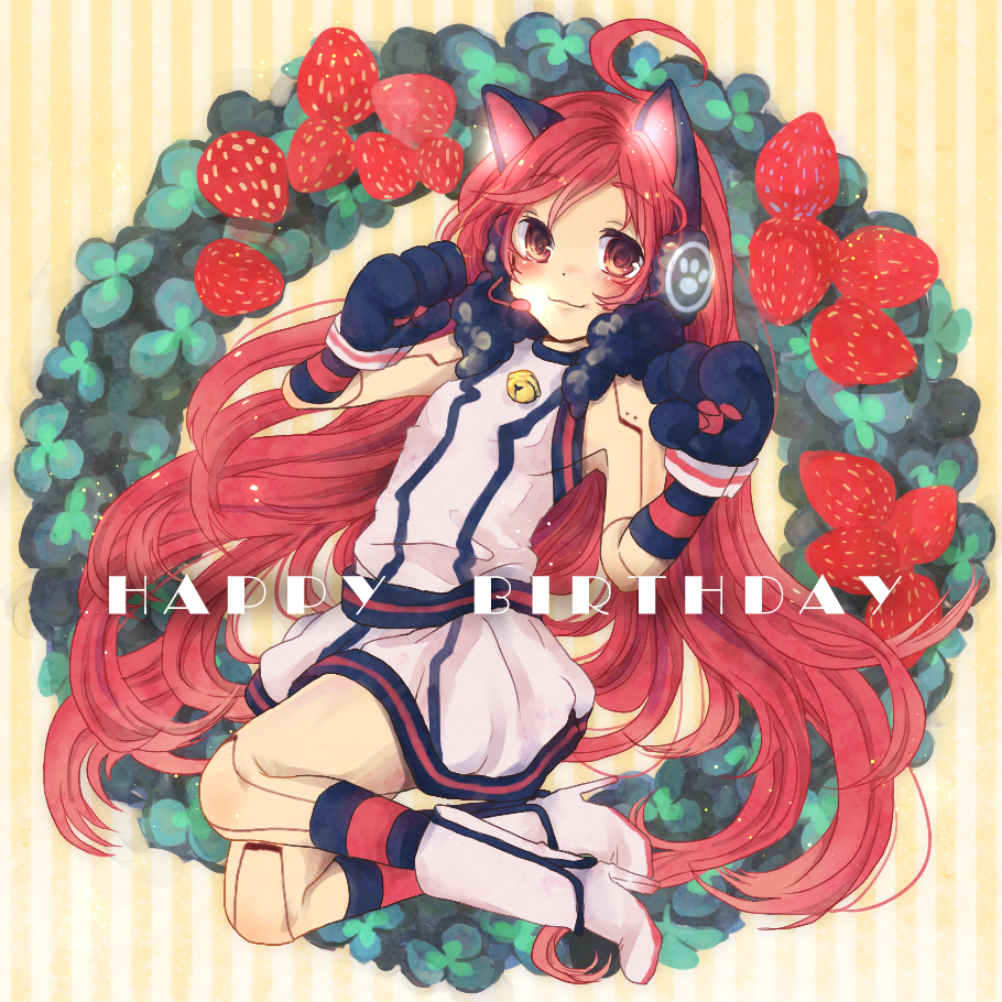 :3 ahoge animal_ears bell belt blush boots cat_ears cat_pose dress earmuffs food footwear fruit gloves headphones long_hair microphone miki miki_(vocaloid) paws red_eyes red_hair redhead robot_joints sf-a2_miki shirozatou socks solo strawberry text vocaloid