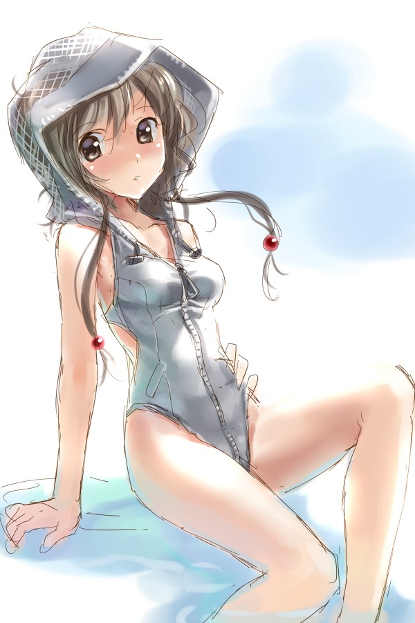 arm_support blush brown_eyes brown_hair casual_one-piece_swimsuit face hood hoodie katahira_masashi long_hair one-piece_swimsuit original sitting sketch solo swimsuit zipper