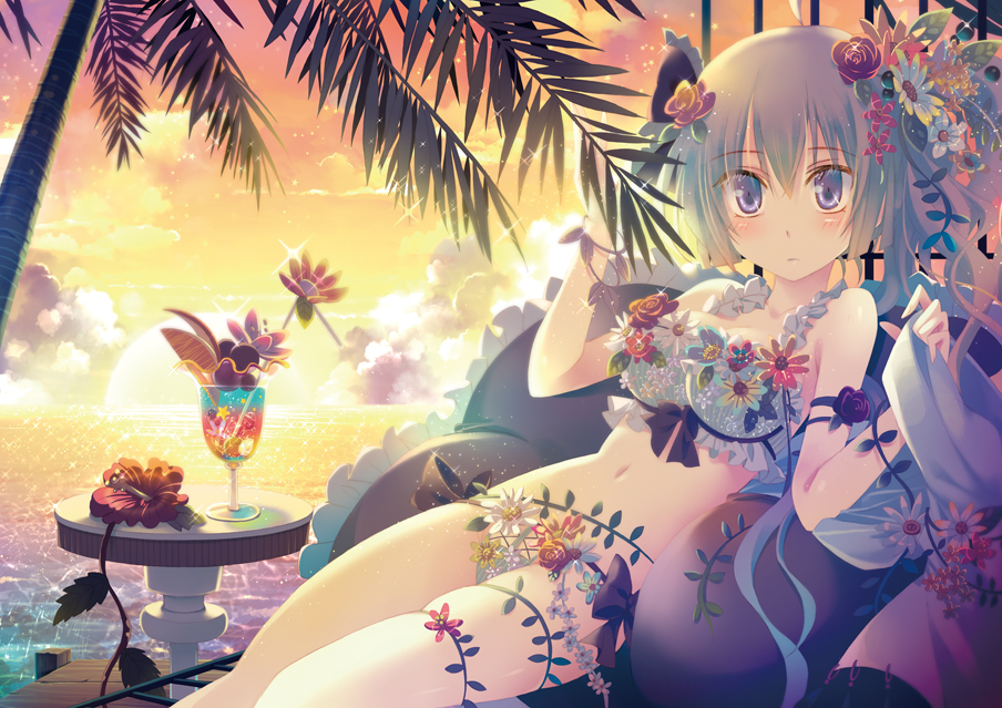 ahoge aqua_hair bandeau bikini blue_eyes blush bow bracelet cloud cocktail flower hair_flower hair_ornament jewelry long_hair looking_at_viewer navel ocean original palm_tree pillow sitting skindentation sky solo sunset swimsuit tree yamadori_yoshitomo