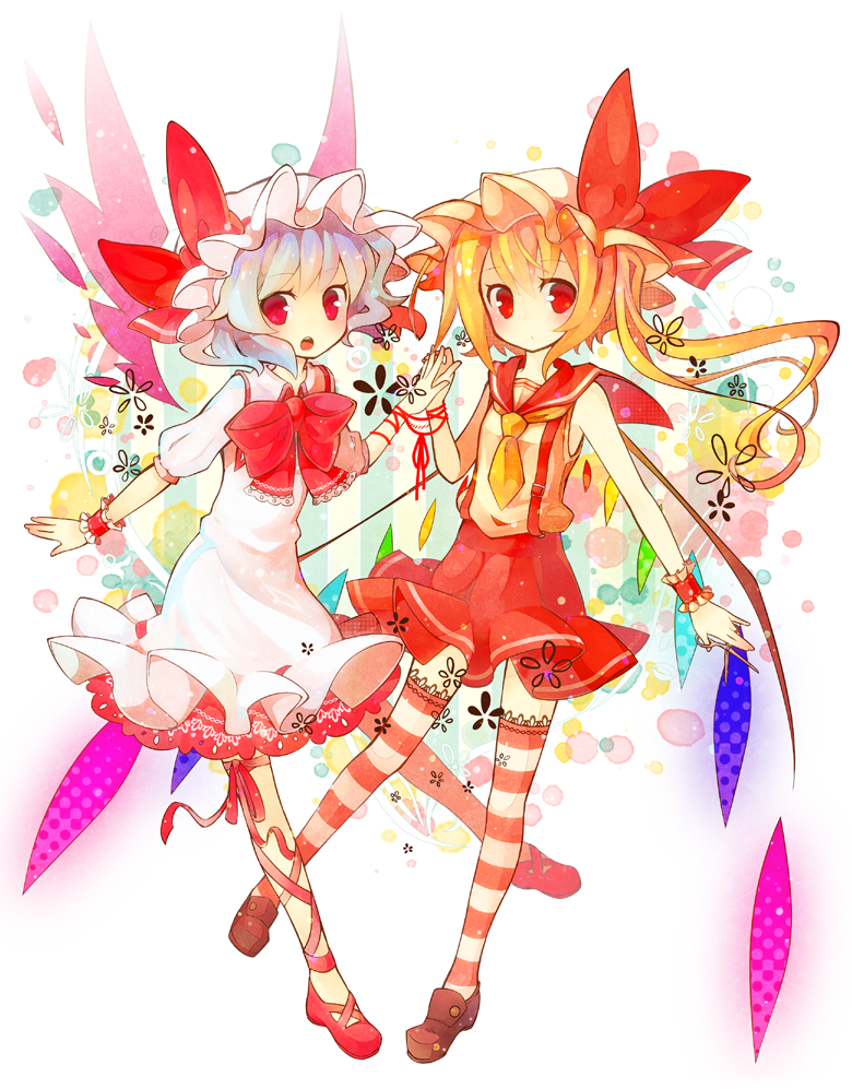 alternate_costume alternate_wings blonde_hair blue_hair dress flandre_scarlet fuiyu_(feuille0818) hands_together hat leg_ribbon multiple_girls neck_ribbon necktie open_mouth pink_dress red_eyes red_string remilia_scarlet ribbon scissors shirt siblings side_ponytail sisters skirt sleeveless sleeveless_shirt string striped striped_legwear suspenders thigh-highs thighhighs touhou wings wrist_cuffs wristband